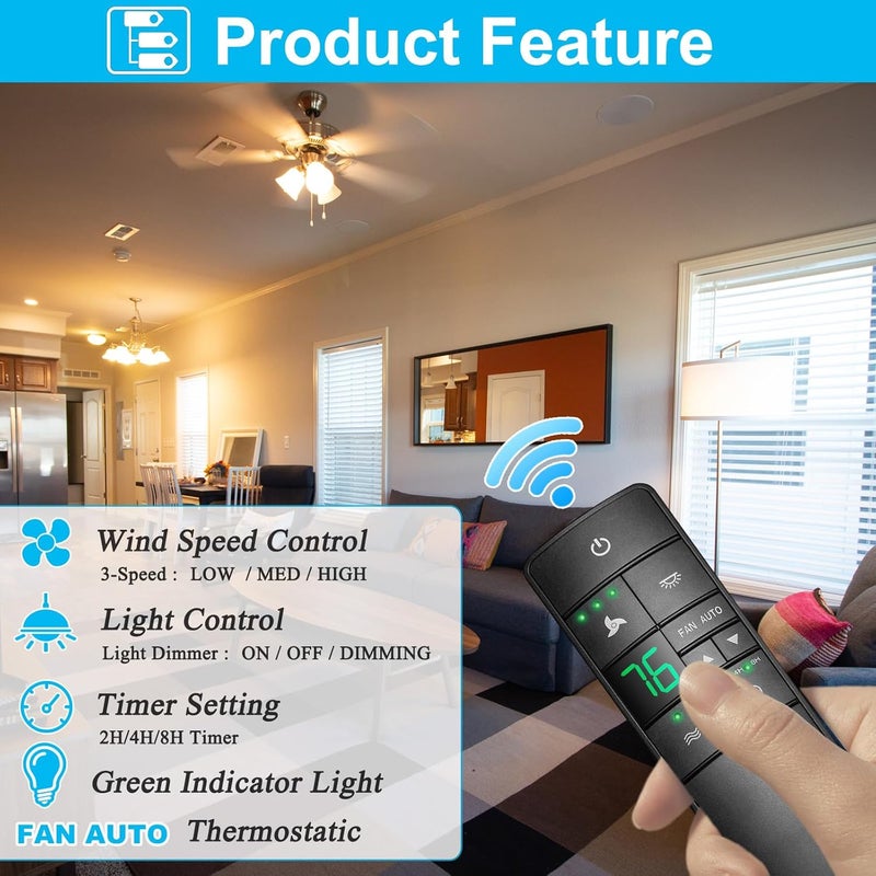 COREBAY Thermostatic Ceiling Fan Remote Control Replacement for Hampton Bay 2AAZPHD3/HD3 KUJCE10320/TR222A, with Timer Light Dimmer, 3-Speed Wall Mount (Remote Only) - Image 2